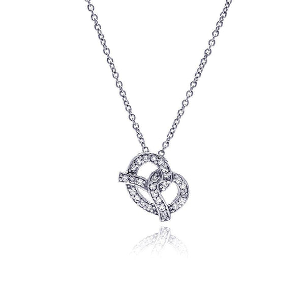 Closeout-Sterling Silver Clear CZ Rhodium Plated Pretzel Pendant Necklace - STP00292 | Silver Palace Inc.