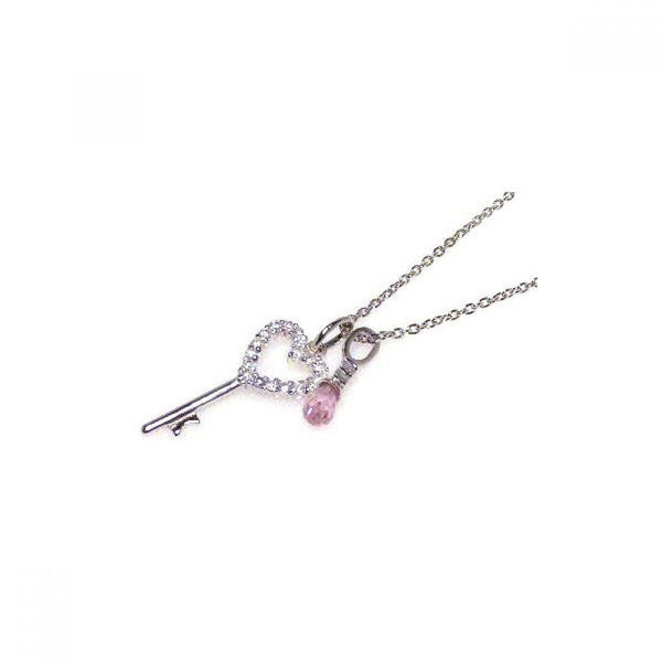 Silver 925 Clear Pink CZ Rhodium Plated Heart Key Pendant Necklace