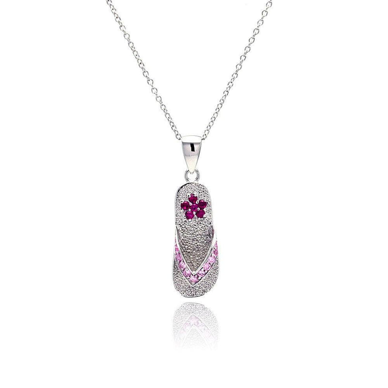 Silver 925 Rhodium Plated Violet and Purple Flower CZ Dangling Sandal Necklace - STP00366 | Silver Palace Inc.