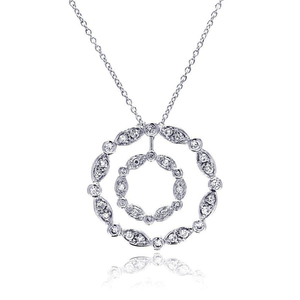 Closeout-Silver 925 Clear CZ Rhodium Plated Double Circle Pendant Necklace - STP00357 | Silver Palace Inc.