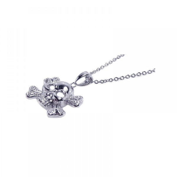 Closeout-Silver 925 Clear CZ Rhodium Plated X Skull Pendant Necklace - STP00414 | Silver Palace Inc.