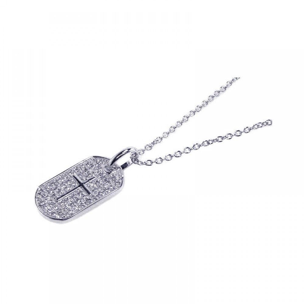 Silver 925 Clear CZ Rhodium Plated Dog Tag Cross Accent Pendant