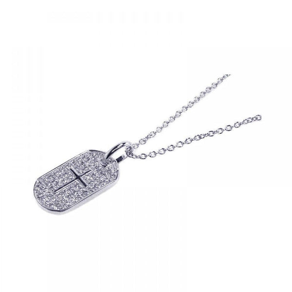 Silver 925 Clear CZ Rhodium Plated Dog Tag Cross Accent Pendant Necklace - STP00417 | Silver Palace Inc.