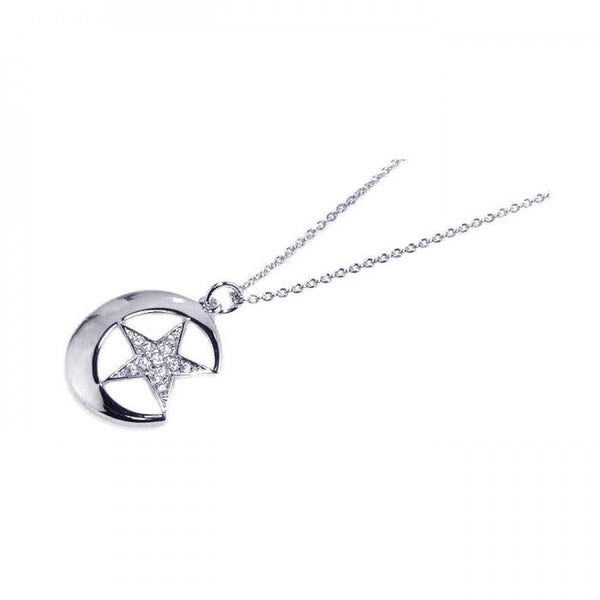 Silver 925 Rhodium Plated Pave Set Clear CZ Crescent Moon Star Pendant Necklace - STP00500 | Silver Palace Inc.