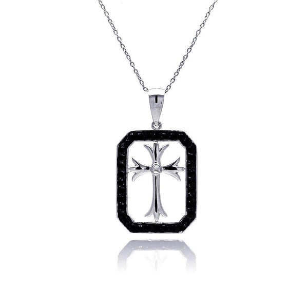 Closeout-Silver 925 Rhodium and Black Rhodium Plated Black CZ Cross Necklace - STP00516BLK | Silver Palace Inc.