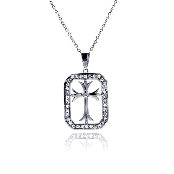 Closeout-Silver 925 Rhodium Plated Clear CZ Cross Necklace - STP00516 | Silver Palace Inc.