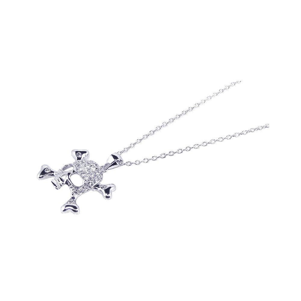 Silver 925 Rhodium Plated Pave Set CZ Skull Crossbones Pendant Necklace - STP00518 | Silver Palace Inc.