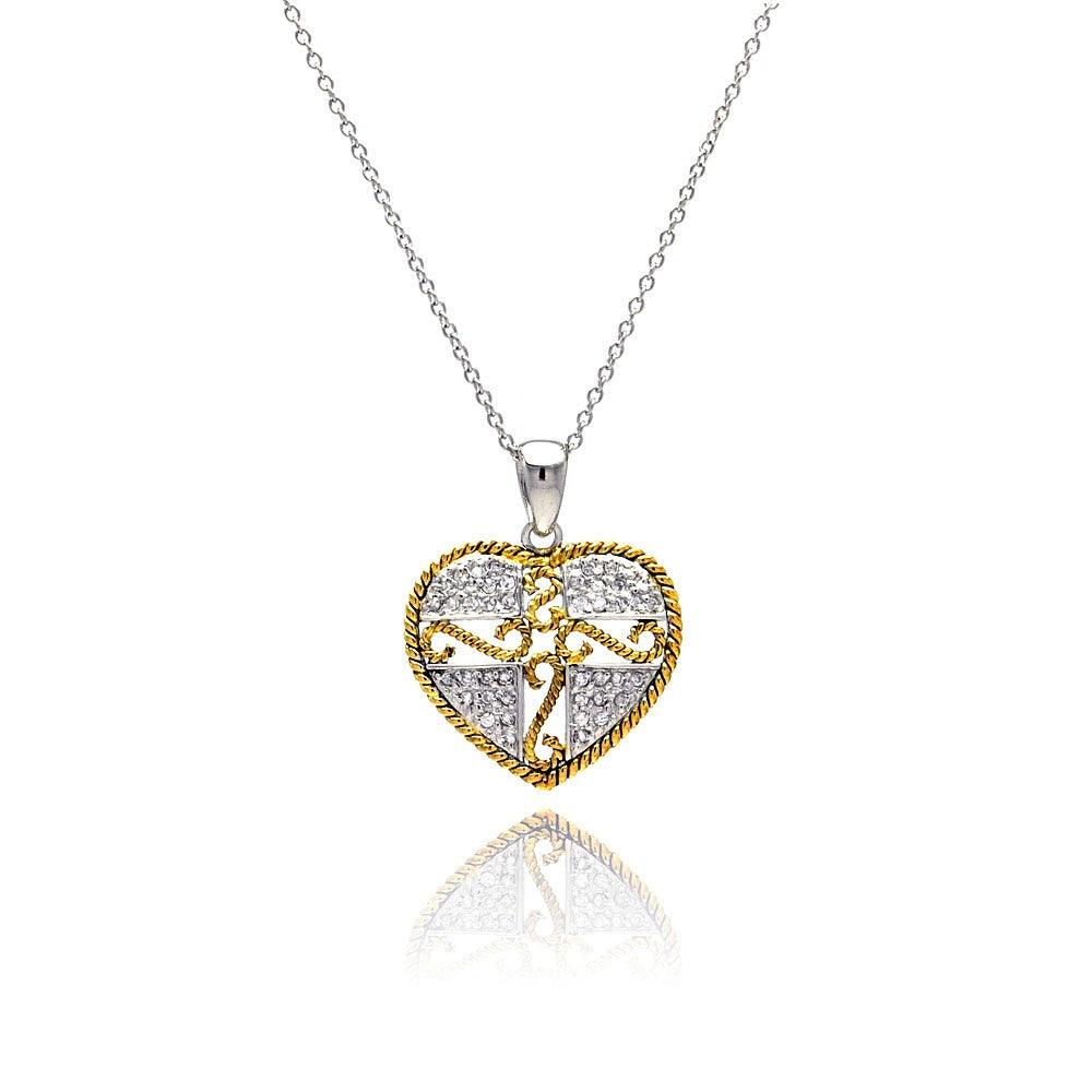 Closeout-Silver 925 Gold and Silver Rhodium Plated Micro Pave Heart Filigree CZ Dangling Necklace - STP00520 | Silver Palace Inc.
