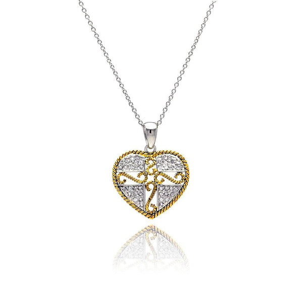 Closeout-Silver 925 Gold and Silver Rhodium Plated Micro Pave Heart Filigree CZ Dangling Necklace - STP00520 | Silver Palace Inc.