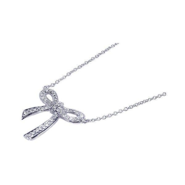 Silver 925 Rhodium Plated Bow Tie CZ Inlay Necklace - STP00525 | Silver Palace Inc.