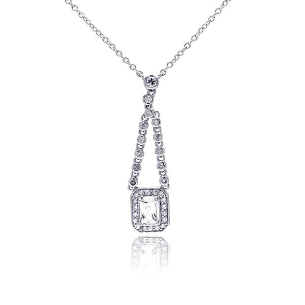 Closeout-Silver 925 Rhodium Plated Rectangle Clear CZ Dangling Necklace - STP00552 | Silver Palace Inc.