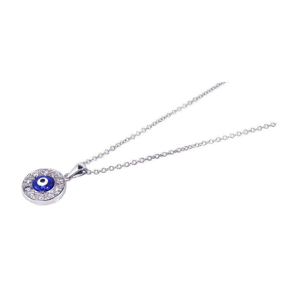 Silver 925 Rhodium Plated Clear CZ Evil Eye - Blue Round Pendant Necklace - STP00607 | Silver Palace Inc.
