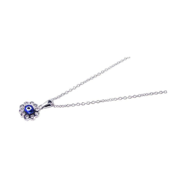 Silver 925 Rhodium Plated Clear CZ Evil Eye - Blue Cluster Pendant Necklace - STP00608 | Silver Palace Inc.