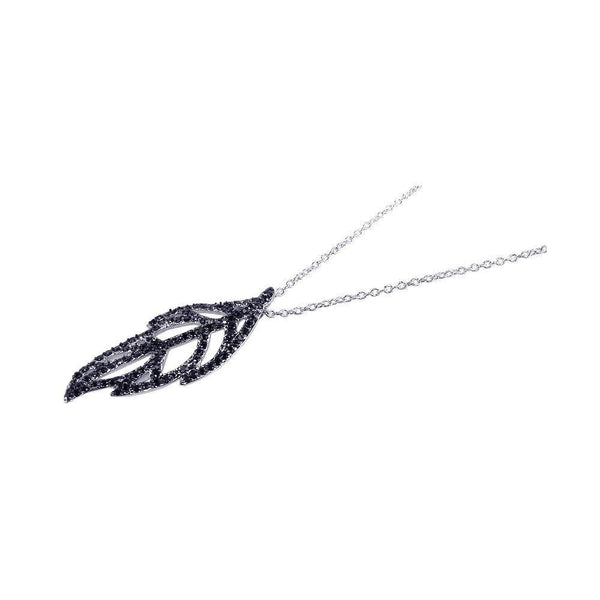 Closeout-Silver 925 Black Rhodium Plated Clear CZ Black Leaf Pendant Necklace - STP00611 | Silver Palace Inc.