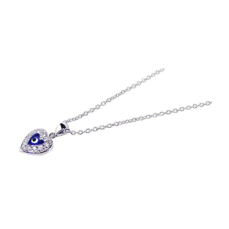 Silver 925 Rhodium Plated Clear CZ and Blue Stones Evil Eye Heart Pendant Necklace - STP00612 | Silver Palace Inc.