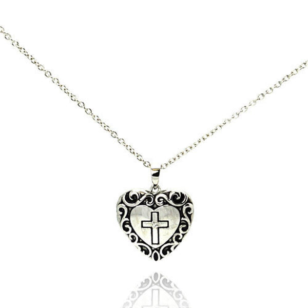 Silver 925 Rhodium Plated Clear CZ Black Onyx Heart Cross Pendant Necklace - STP00622 | Silver Palace Inc.