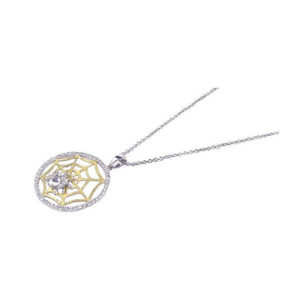 Closeout-Silver 925 Gold and Rhodium Plated Clear CZ Spider Web Pendant Necklace - STP00625 | Silver Palace Inc.