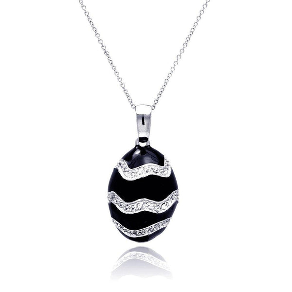 Closeout-Silver 925 Rhodium Plated Onyx Egg-shaped Pendant Necklace - STP00626 | Silver Palace Inc.