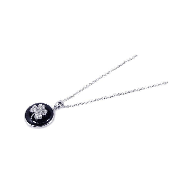 Closeout-Silver 925 Rhodium Plated Onyx Clover Pendant Necklace - STP00650 | Silver Palace Inc.