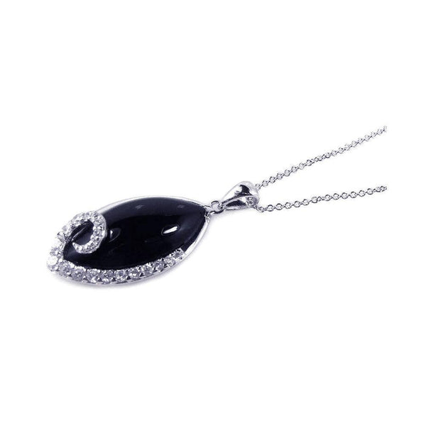 Closeout-Silver 925 Rhodium Plated Onyx Eye-shape Pendant Necklace - STP00652 | Silver Palace Inc.