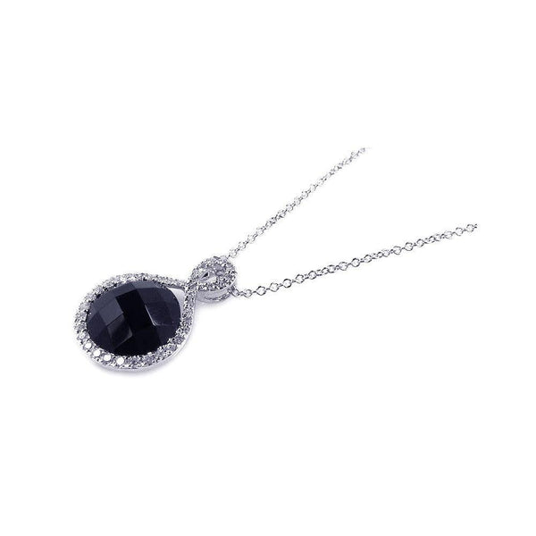 Closeout-Silver 925 Rhodium Plated Onyx Circle Pendant Necklace with CZ - STP00653 | Silver Palace Inc.