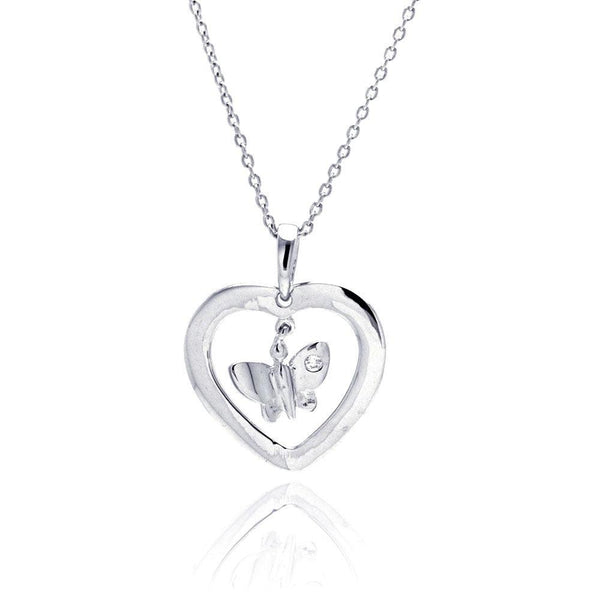 Closeout-Sterling Silver Rhodium Plated Clear CZ Butterfly Heart Pendant Necklace - STP00711 | Silver Palace Inc.