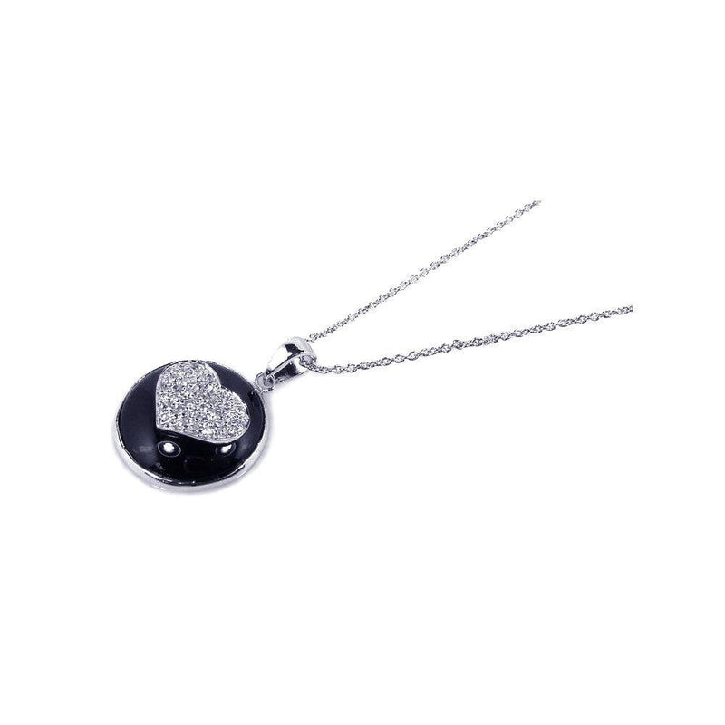 Closeout-Silver 925 Rhodium Plated Clear CZ Heart Black Onyx Pendant Necklace - STP00723 | Silver Palace Inc.