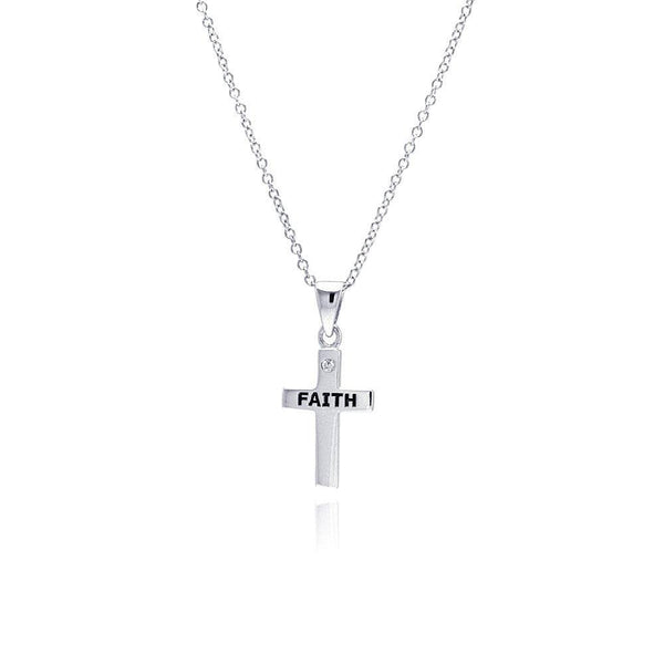 Silver 925 Rhodium Plated Clear CZ Cross Faith Pendant Necklace - STP00744 | Silver Palace Inc.