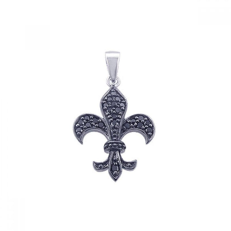 Silver 925 Black Rhodium Plated Black CZ Flor De Lis Pendant - STP00768 | Silver Palace Inc.