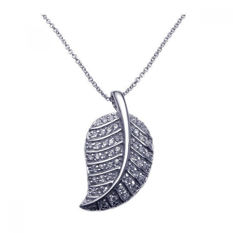 Closeout-Silver 925 Rhodium Plated Clear CZ Leaf Pendant Necklace - STP00789 | Silver Palace Inc.