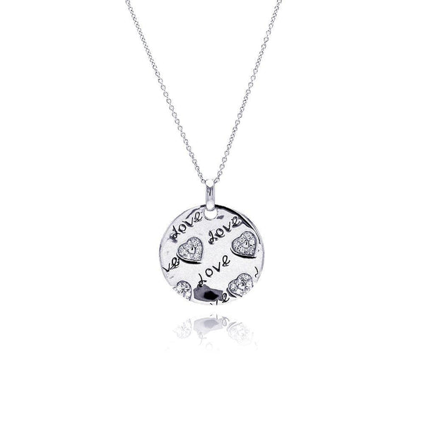 Closeout-Silver 925 Rhodium Plated Clear CZ Love Heart Round Pendant Necklace - STP00803 | Silver Palace Inc.