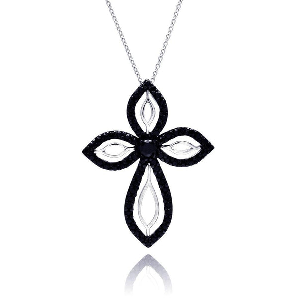 Closeout-Silver 925  Rhodium and Black Rhodium Plated Clear and Black CZ Cross Pendant Necklace - STP00804 | Silver Palace Inc.