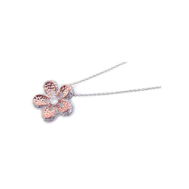 Closeout-Silver 925 Rhodium Plated Pink CZ Flower Pendant Necklace - STP00807 | Silver Palace Inc.