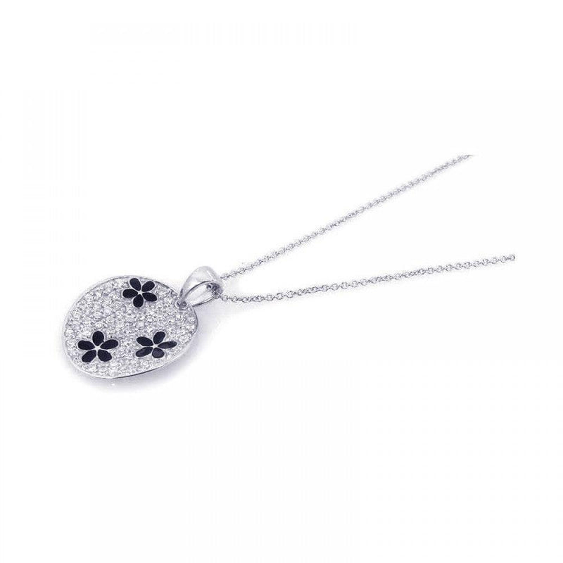 Closeout-Silver 925 Rhodium Plated Clear and Black CZ Flower Circle Pendant Necklace - STP00821 | Silver Palace Inc.