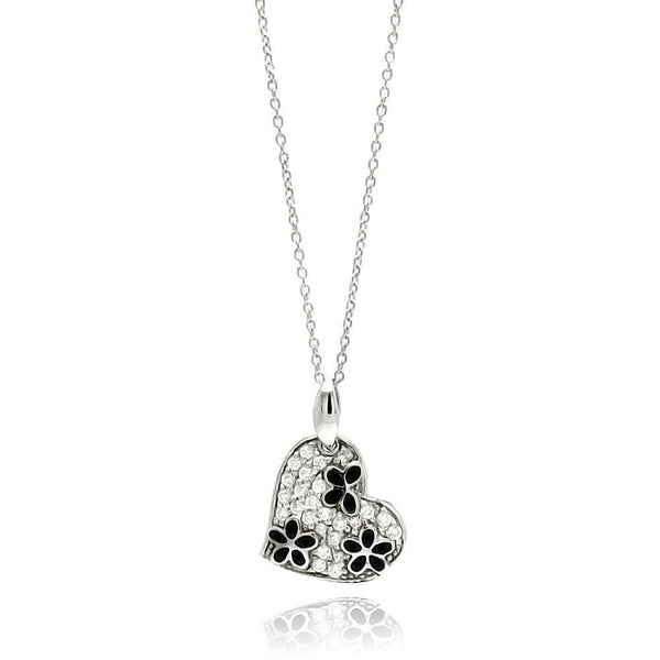 Closeout-Silver 925 Rhodium Plated Clear and Black CZ Flower Heart Pendant Necklace - STP00822 | Silver Palace Inc.