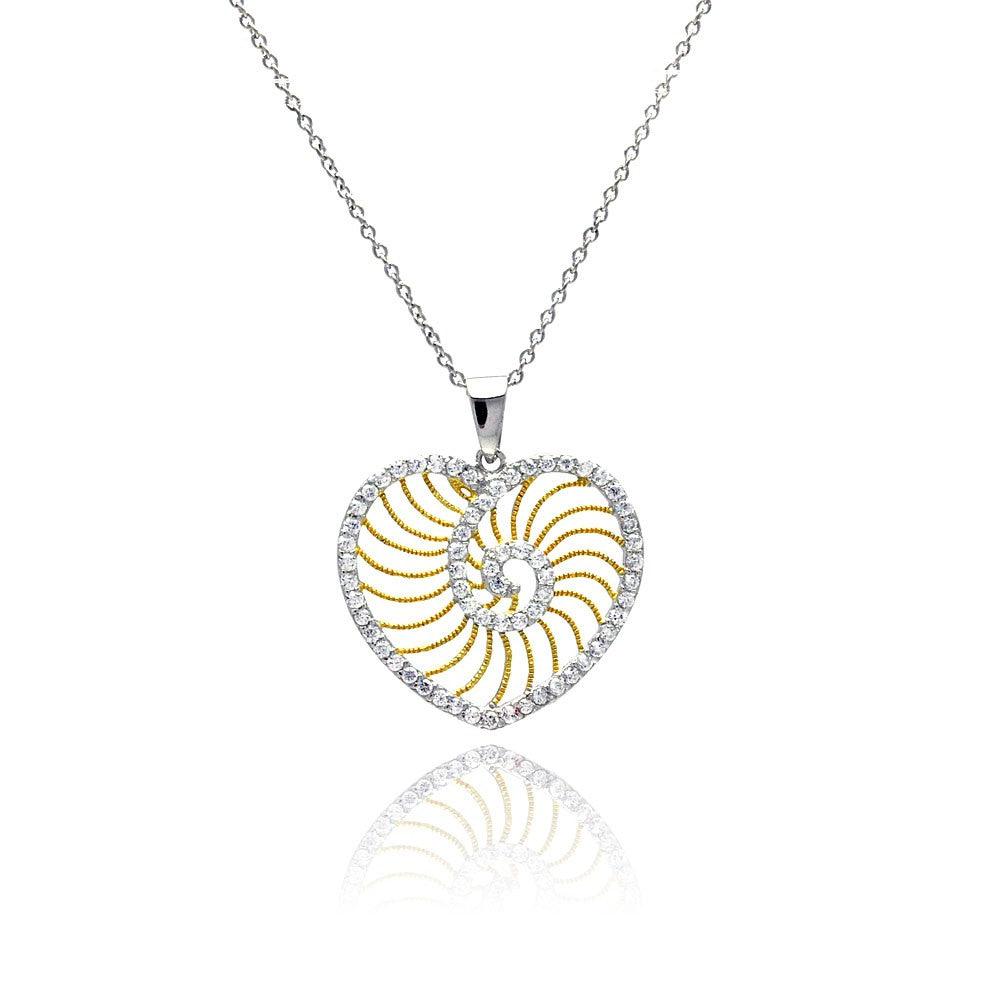 Closeout-Silver 925 Rhodium Plated Clear CZ Heart Gold Plated Swirl Pendant Necklace - STP00838 | Silver Palace Inc.