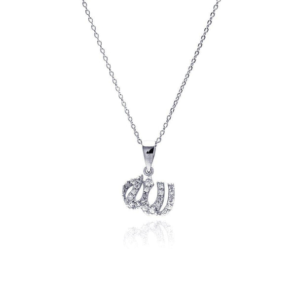 Silver 925 Rhodium Plated Clear CZ Allah Pendant Necklace - STP00840 | Silver Palace Inc.