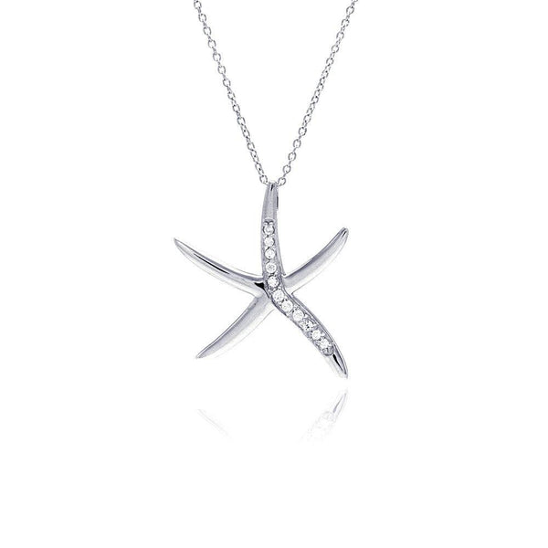 Silver 925 Rhodium Plated Clear CZ Starfish Pendant Necklace - STP00848 | Silver Palace Inc.