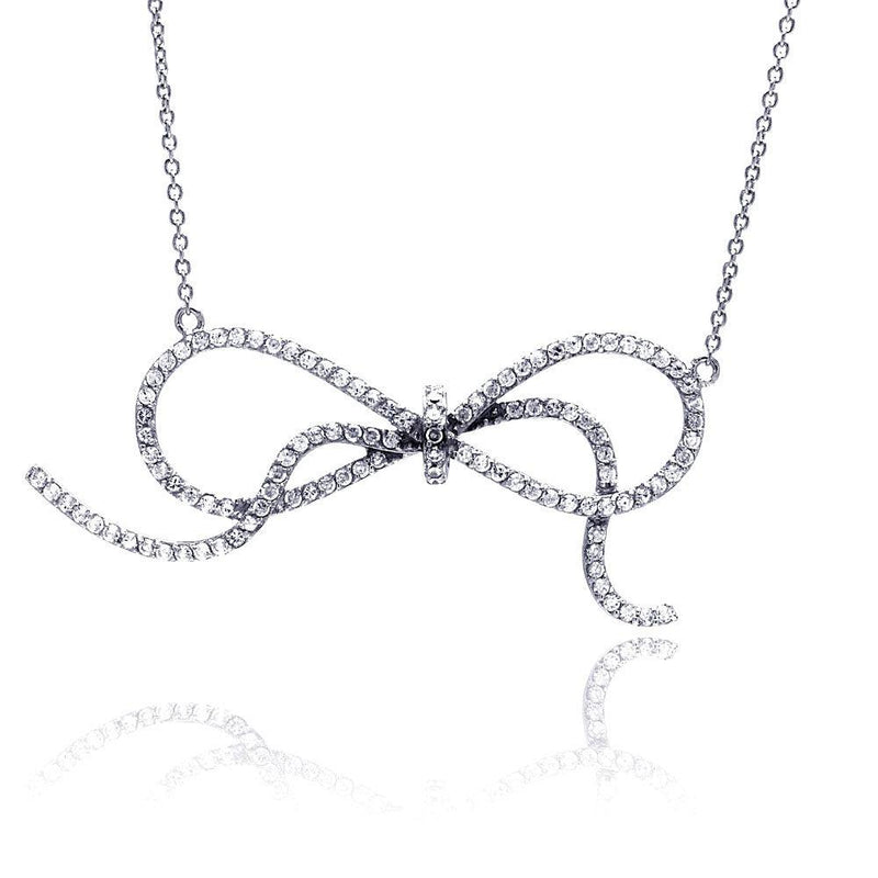 Closeout-Silver 925 Rhodium Plated Clear CZ Bowtie Pendant Necklace - STP00879 | Silver Palace Inc.