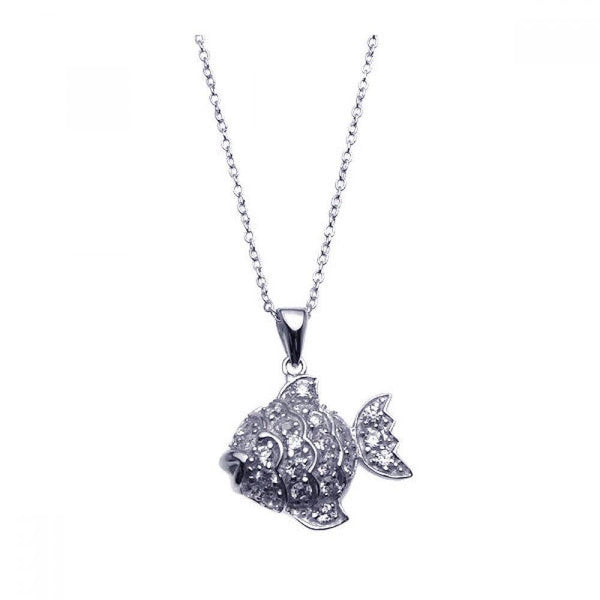 Silver 925 Rhodium Plated Clear CZ Fish Pendant Necklace - STP00915 | Silver Palace Inc.