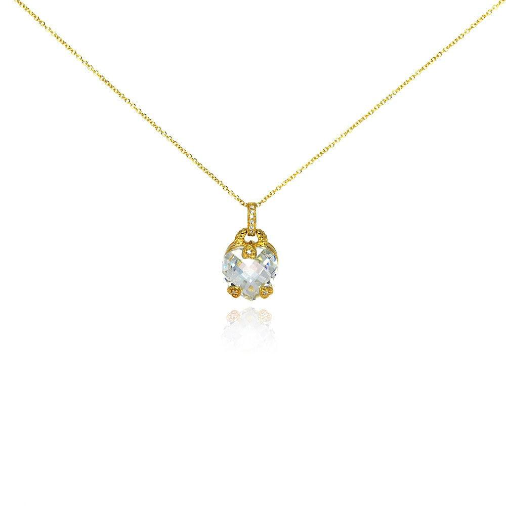 Closeout-Silver 925 Gold Plated Clear CZ Heart Pendant Necklace - STP00927 | Silver Palace Inc.