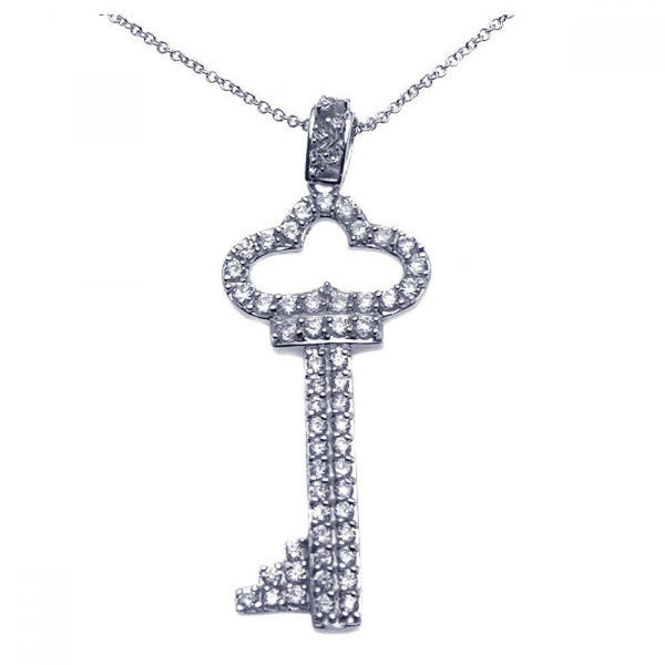 Silver 925 Rhodium Plated Clear CZ Key Pendant Necklace - STP00932 | Silver Palace Inc.
