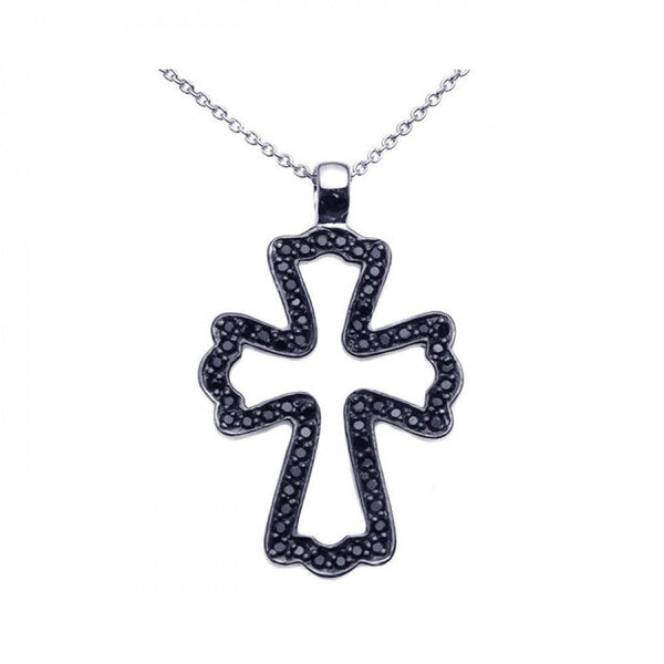 Closeout-Silver 925 Black Rhodium Plated Black CZ Cross Pendant Necklace - STP00936 | Silver Palace Inc.