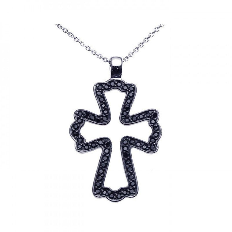 Closeout-Silver 925 Black Rhodium Plated Black CZ Cross Pendant Necklace - STP00936 | Silver Palace Inc.