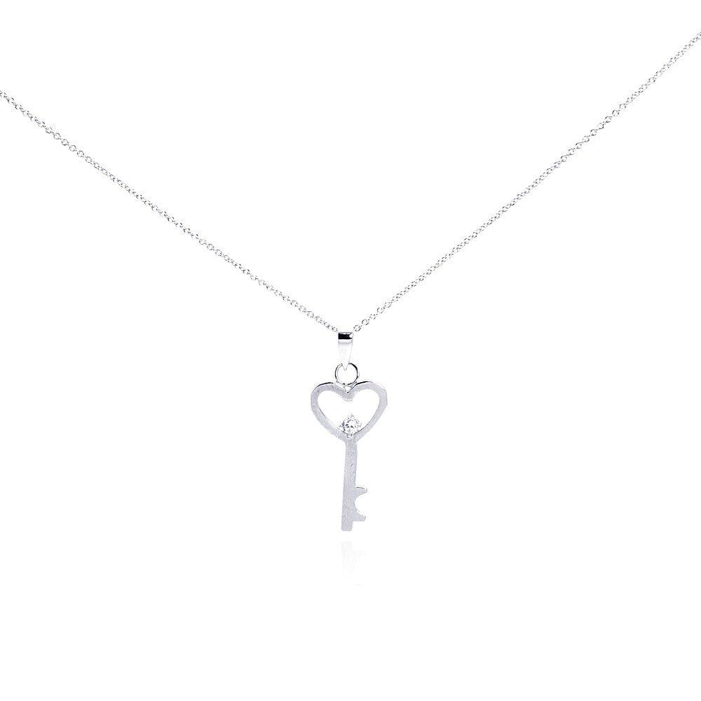 Silver 925 Rhodium Plated Clear CZ Heart Key Pendant Necklace - STP009