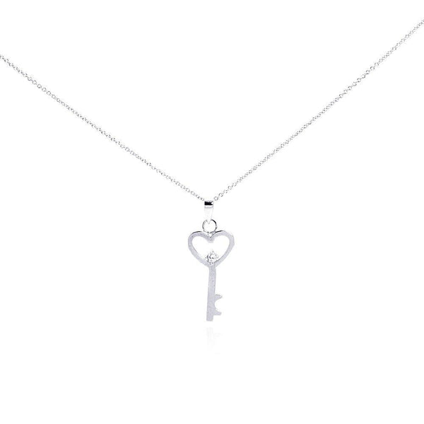 Silver 925 Rhodium Plated Clear CZ Heart Key Pendant Necklace - STP00944 | Silver Palace Inc.