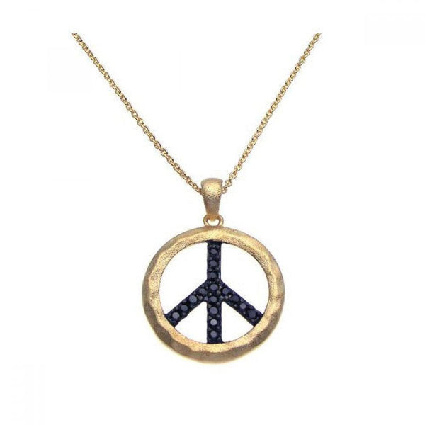 Closeout-Silver 925 Gold Plated Black CZ Peace Pendant Necklace - STP00947 | Silver Palace Inc.
