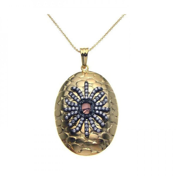 Closeout-Silver 925 Black Rhodium and Gold Plated Clear CZ Round Pendant Necklace - STP00949 | Silver Palace Inc.