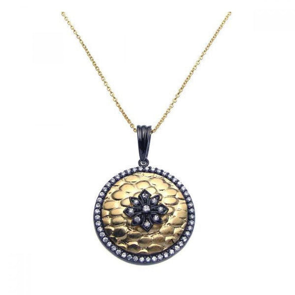 Closeout-Silver 925 Black Rhodium and Gold Plated Clear CZ Circle Round Pendant Necklace - STP00950 | Silver Palace Inc.