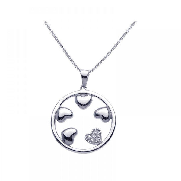 Closeout-Silver 925 Rhodium Plated Clear CZ Circle Hearts Pendant Necklace - STP00958 | Silver Palace Inc.